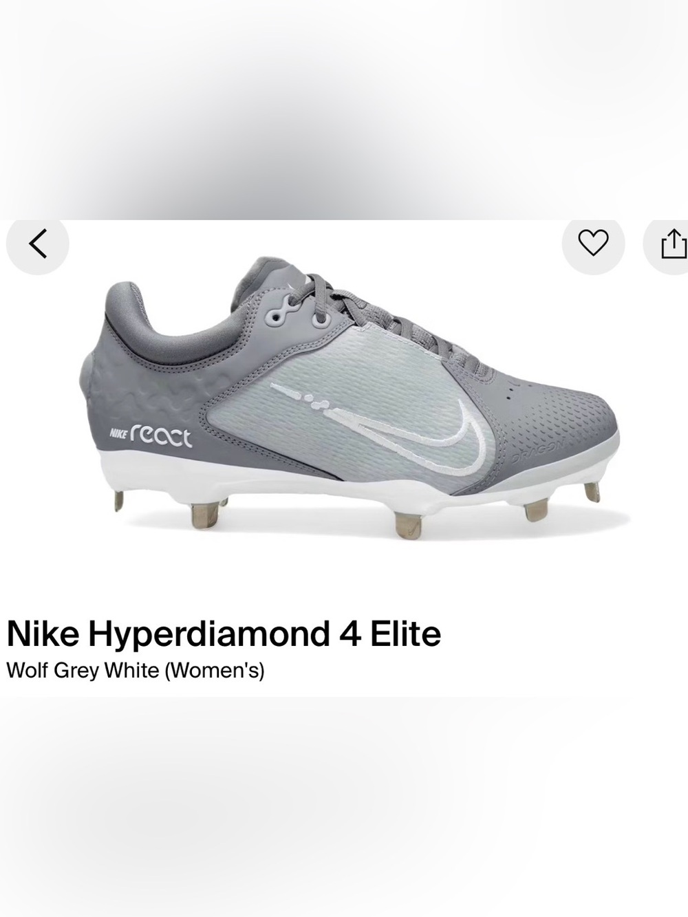 Nike Hyperdiamond 4 Elite Women's Gray & White US 8 Like New